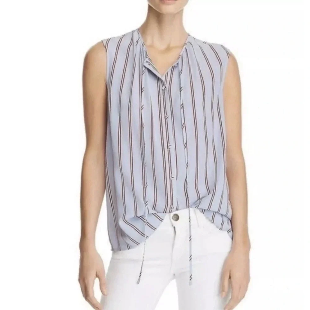 FRAME Denim Blue Striped 100% Silk Sleeveless Tie Neck Blouse Medium LWSH0791‎